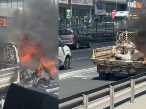 Seyir Halindeyken Yangın Çıkan Kamyonet, İstanbul’da Panik Yarattı